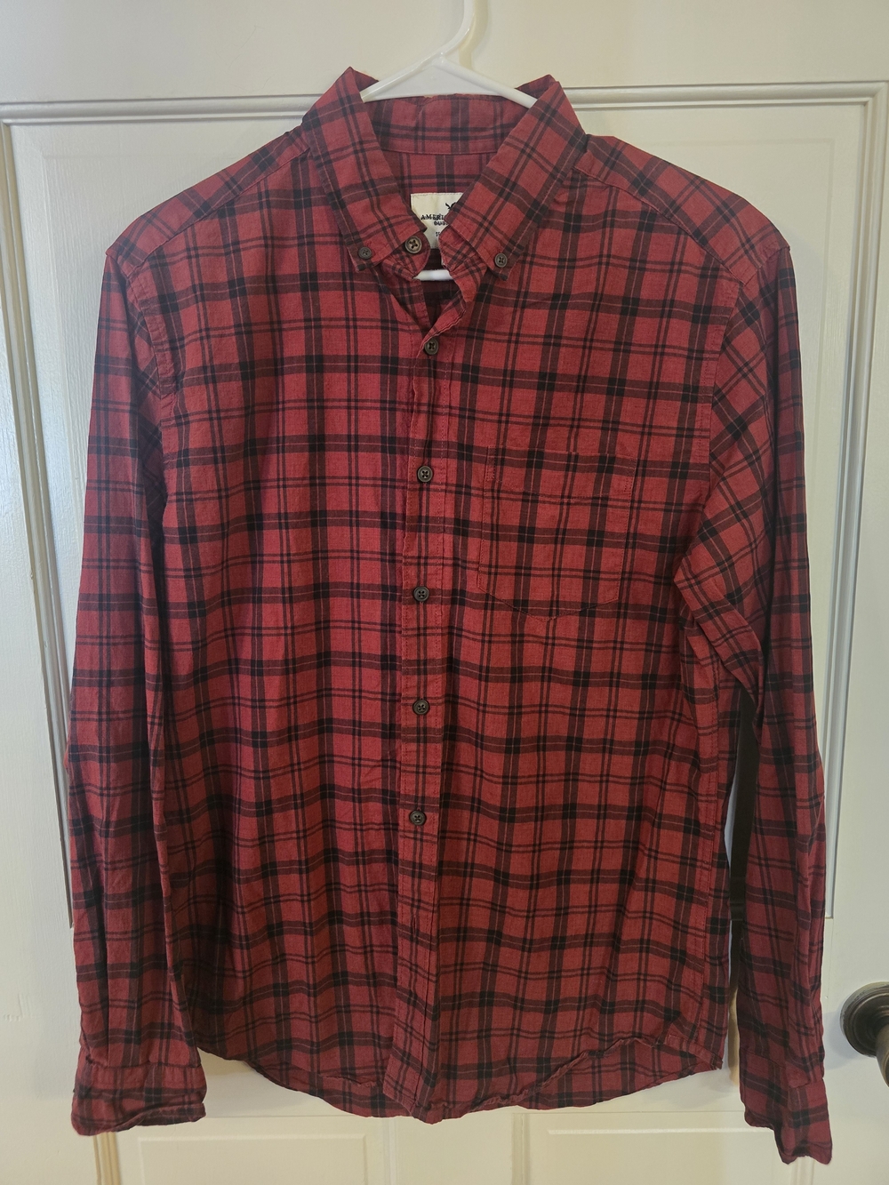 American Eagle Outfitters Red and Black Plaid Button-Down Shirt